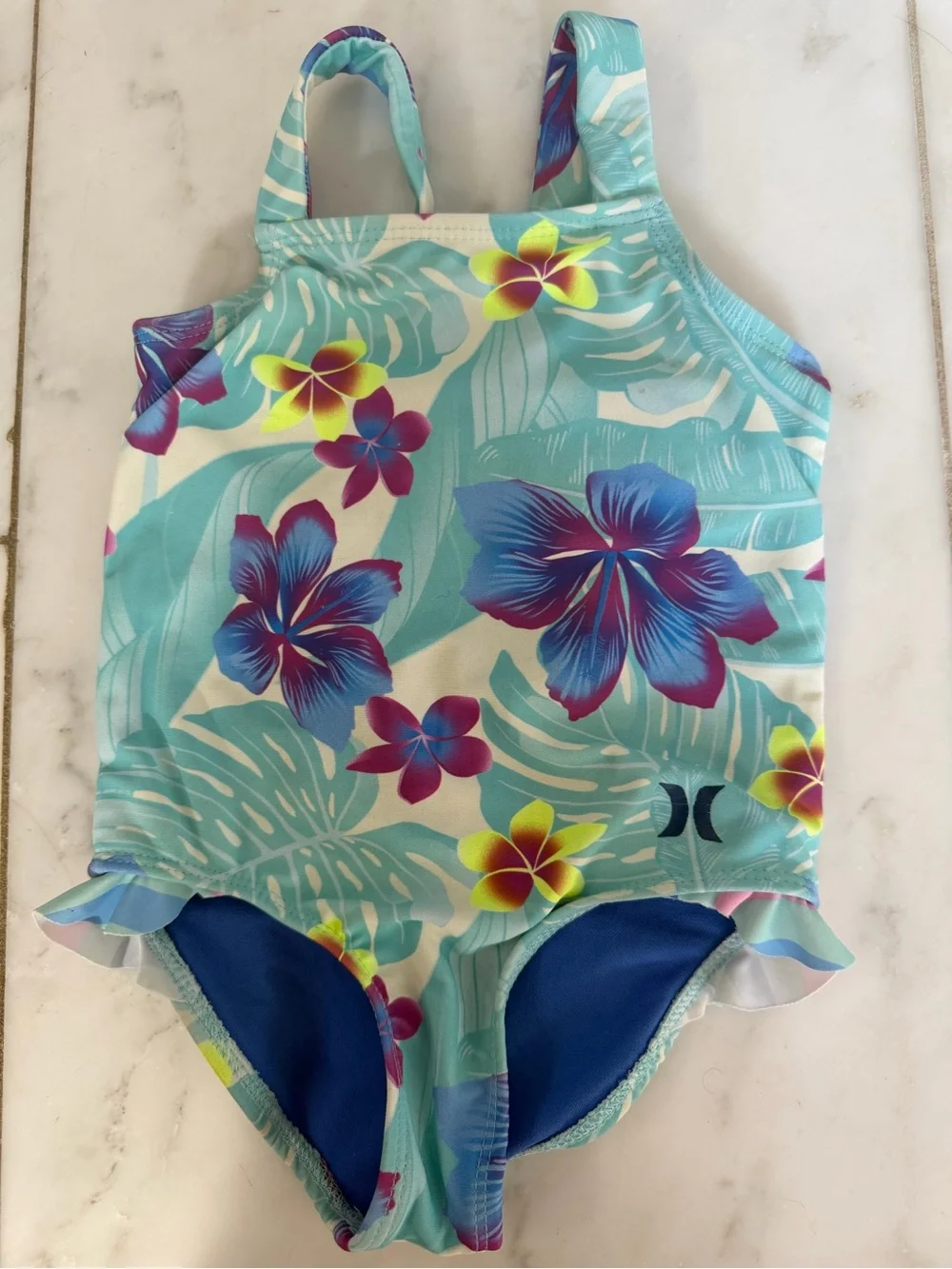 Hurley toddler girls 2T blue purple floral ruffle one piece bathing swim suit